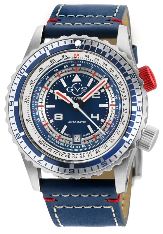 This collection provides watch aficionados and sports enthusiasts with an unprecedented variety of ways to measure and calculate the time. This big, bold 43mm three-hand configuration features a dramatic multi-scale dial with two rotating bezels that 
a variety of calculations that would be next to impossible with a conventional timepiece.   A Unidirectional outer bezel is marked with both 24-hour and 60-minute scales. Additionally, there is an inner rotating chapter ring marked with a 60-second scale and controlled by a second setting crown at 2. The rotating rings can be operated separately or together for a variety of results.

GV2 3507S Men's Contasecondi Automatic Watch

GV2 Men's Automatic Watch from the Contasecondi Collection
43mm Round Silver Case with unidirectional bezel, Blue dial
Red Crown at 2H turns inner ring - 60-second counter, Date at 6H, luminous Hands
Exhibition Case Back
Handmade Blue Italian Leather Straps-Sports White Stitching With Tang Buckle

Anti-reflective Sapphire Crystal
Water Resistant to 50 Meters/5ATM
Swiss Made Automatic, Sellita SW200-1 Movement
