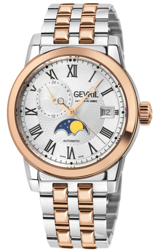 Gevril Men's Madison Moon phase Open Heart Silver/Black Dial, Rose