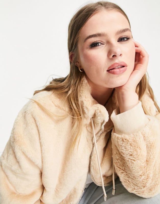 Missguided Plus faux fur bomber jacket in tan TANBrown