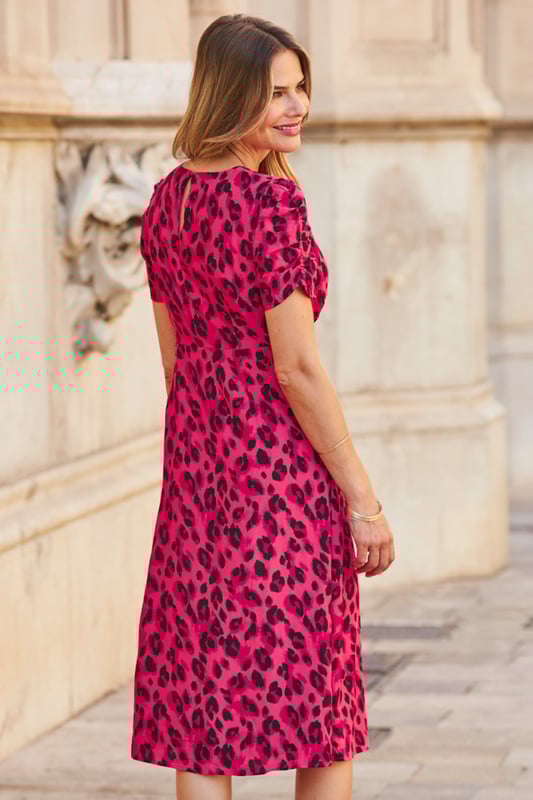 Pink animal print midi new arrivals dress