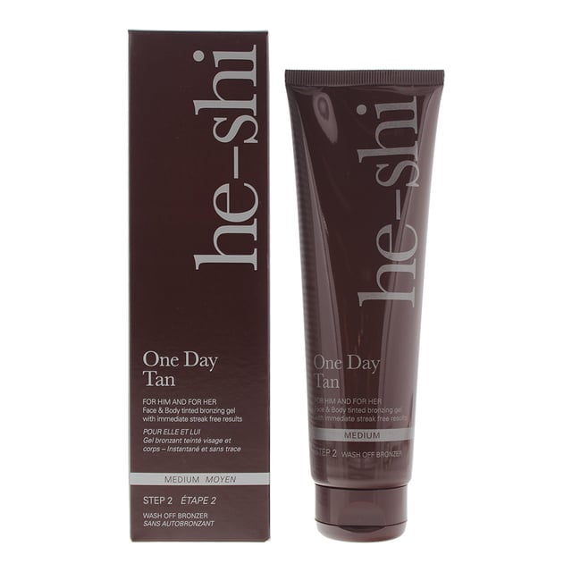 The He-Shi One Day Tan Face & Body Medium Wash Off Bronzer is an easy to apply fake tan that has been designed to be used on the face and body. The tan doesn't just leave skin looking bronze but also provides nourishment, moisture and hydration. When applied the tan is quick drying, refreshing and helps skin to feel rejuvenated as well as giving it a tanned glow..