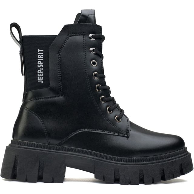 Elegantes, con estilo y resistentes, los botines Jeep Spirit Blaster Lace revolucionarán tu guardarropa. Estas atrevidas botas negras cuentan con un frente con cordones y ojales en tono bronce, un refuerzo elástico en la parte posterior para una comodidad fácil de poner y una presilla en el talón que las hace muy fáciles de poner. Elaboradas con una parte superior duradera y pulida y una suela de goma resistente, seguirán el ritmo de tu estilo de vida en movimiento y llamarán la atención con su estilo militar y de motociclista chic.
