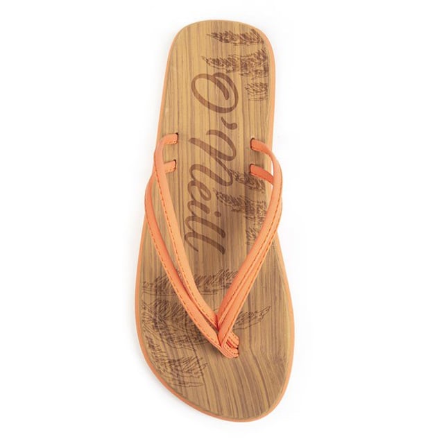 Sandalias infantiles sin cordones O'Neill Ditsy con efecto corcho en color naranja. correa de tanga suave y marca impresa en plantilla texturizada. Estas chanclas están confeccionadas con una parte superior sintética y una cómoda suela de EVA con una franja naranja.