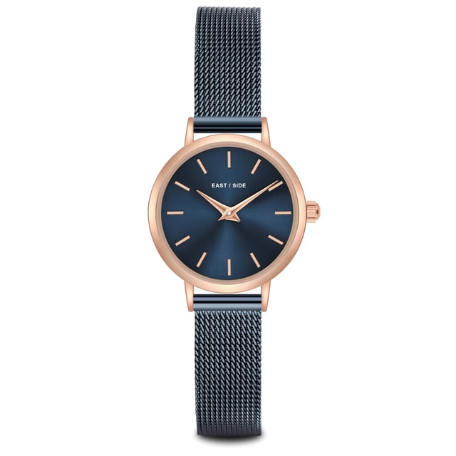 GENERAL INFORMATION:  • Targetgroup: Female  • Wristwatch: No Special Functions  • Display: analogue  • Weight of watch w/o box (gr.) - approx.: 24,0  MOVEMENT:  • Movement: Quartz  • Term of Movement: VC10  • Origin of movement: Japan  BRACELET:  • Material of bracelet/strap: Stainless steel  • Plating of bracelet/strap: Ion-Plating (IP)  • Finishing of bracelet/strap: Smooth  • Finishing/Decoration of bracelet/strap: None  • Clasp/Closure/Buckle: Slide Clasp  • Color of bracelet/strap: Blue  • Length of bracelet/strap (mm) approx.: 190,0  • Width of bracelet/strap (mm) approx.: 9,5  • Style/Design of bracelet/strap: Mesh band (Millanaise Style)  • Bracelet/strap adjustable?: No  CASE:  • Shape of case: Round  • Size/Diameter of case in mm . approx.: 24,0  • Height of case in mm: 7,6  • Case material: Metal (Alloy)  • Surface of case: Polished  • Bezel/Topring: Fixed  • Finishing/Decoration of case: None  • Material of case back: Stainless steel  • Lock of case back: No screwed-in crown  • Color of case: Rosegold  • Coating/Plating (Case): Ion-Plating (IP)  • Type/Form of crystal: Flat  • Material of crystal: Mineral crystal  • Water resistant (ATM): 3  DIAL:  • Size jewelry care cloth: Hour, Minute  • Indices: Line indices  • Material of dial: Brass  • Structure/pattern of dial: Flat  • Color of dial: Blue  PUSHER, CROWN, HAND:  • Pusher: None  • Corrector: No  • Crown: No screwed-in crown  • Type of hands: Dauphine hands  • Luminescent (hands): No  PACKAGING & SCOPE OF DELIVERY:  • Box: Yes  • Service booklet: Yes  • Manual: Yes