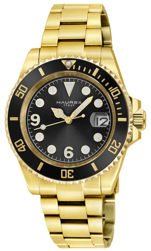 Haurex 4Y512UNN Men's Barracuda Automatic WatchHaurex Men's Automatic Watch from the Barracuda Collection43mm Round IPYG Case, Black Ceramic BezelBlack Sunray Dial, Date at 7Push/Pull Crown, Exhibition Case backSS IPYG Brushed  Bracelet with Deployment BuckleAnti-reflective Sapphire CrystalWater Resistant to 50 Meters/5ATMAutomatic Miyota Ultra thin 9015