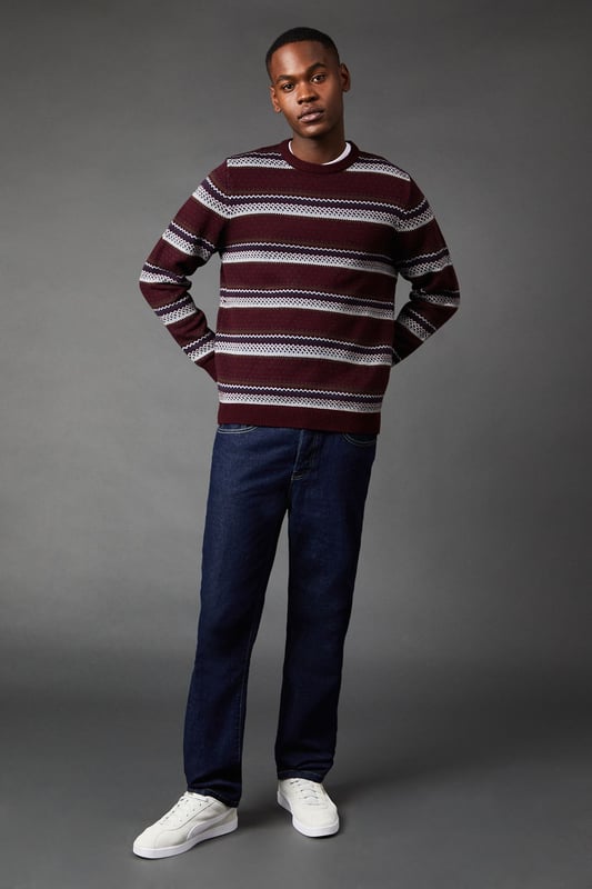 Classic Fairisle pattern for timeless appeal
        Crew neck design for versatile layering
        Ribbed cuffs and hem for a snug fit
        Horizontal stripe detailing adds visual interest
        Relaxed fit for comfortable everyday wear
    
    Embrace the charm of traditional knitwear with this Fairisle pattern crew neck jumper. Perfect for the man who appreciates classic style with a modern twist, this jumper offers both warmth and style for the cooler months. The horizontal stripes and intricate pattern work together to create a visually appealing piece that's easy to style. Pair it with your favourite jeans and trainers for a casual pub outing with mates, or dress it up with chinos and brogues for family gatherings. The versatile design makes it an excellent choice for weekend walks in the countryside or cosy nights in. Machine washable at 30 degrees, this jumper is as practical as it is stylish, ensuring you look put-together with minimal effort. Whether you're cheering on your team at a sports match or enjoying a casual dinner out, this Burton jumper is sure to become a go-to in your autumn and winter wardrobe.