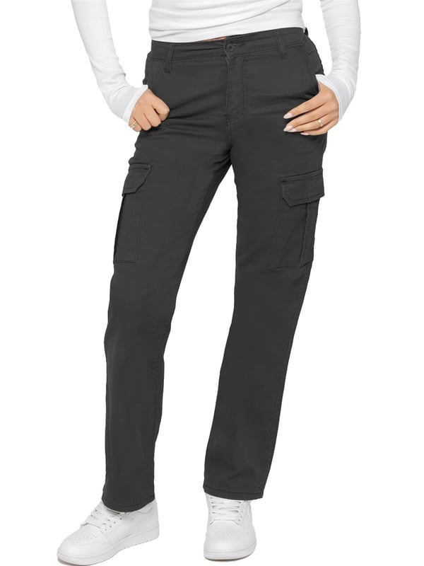 Enzo Women's Stretch Cargo Denim Jeans feature a straight-leg, regular fit design. They come with 2 front slash pockets, 2 side cargo pockets secured with Velcro fastening, and 2 back pockets for added convenience. The jeans have a zip fly closure and are perfect for both casual wear and workwear.