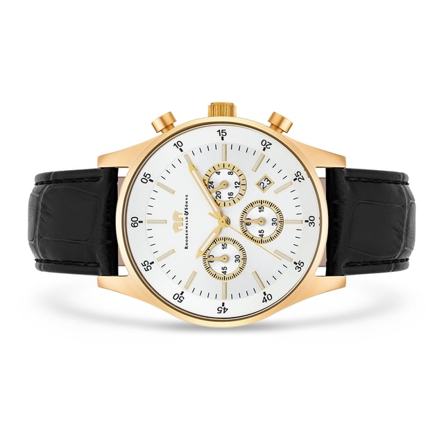 Chronographs are watches with format, they combine sporty, elegant design with precise functionality. This copy from the Rhodenwald & Sons clock manufacturer inspires watch lovers of all ages: a scratch-resistant IP-Goldeted stainless steel housing with screwed floor, a dial with sunscape and a leather bracelet with a crocodile embossing combine into a masculine clock that looks as good as a suit as For a casual leisure look. The dial is clearly designed and is limited to Strichindices, Minuterie, date display and three totalists in classic tricompax arrangement.