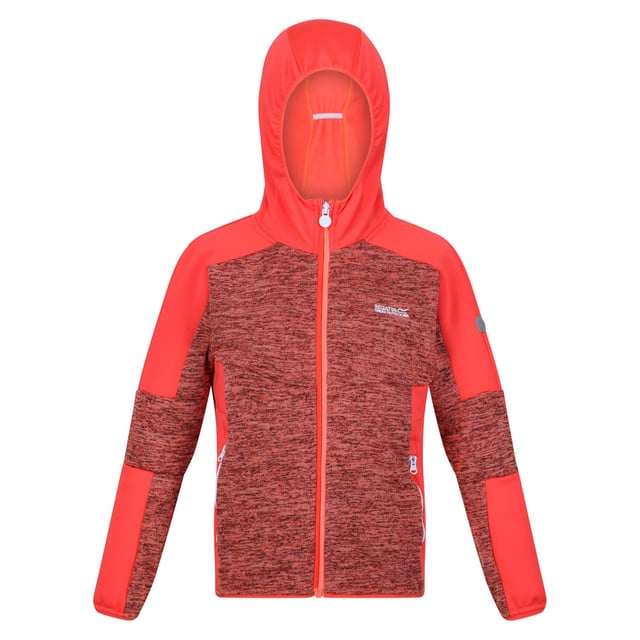 Regatta Juniors Dissolver V Full-Zip Fleece in Red The Dissolver V kids' fleece from Regatta is just the thing for kids on the go. The kids' fleece jacket is crafted with polyester and elastane for long-lasting stretch comfort. There are stretch panel inserts to keep little ones moving with ease. They can pull up the hood when it gets windy. The kids' fleece top is ideal for running, hiking and woodland adventures. The marl knit effect adds a stylish touch. With reflective trim and stretch binding. Material: 85% Polyester, 13% Viscose, 2% Elastane. Ref: RKA362FBN.
