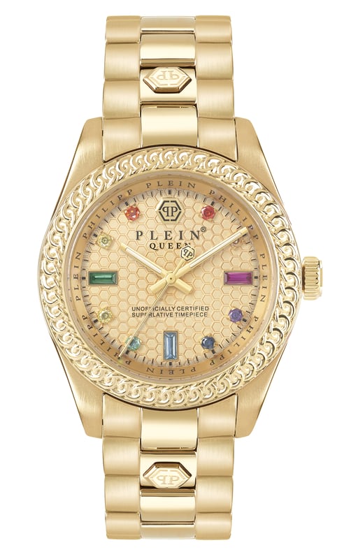 Dit Philipp Plein Dames horloge beschikt over een Quartz binnenwerk. De kast (36 mm mm) is vervaardigd uit RVS (Goudkleurig) en heeft een Mineraalglas. De band is Goudkleurig RVS. Dit horloge uit de Philipp Plein Queen reeks is een mooi en tijdloos geschenk. Verras jezelf of iemand anders met dit cadeau. Bovendien geniet u hierbij van 2 jaar garantie tegen alle fabricagefouten.