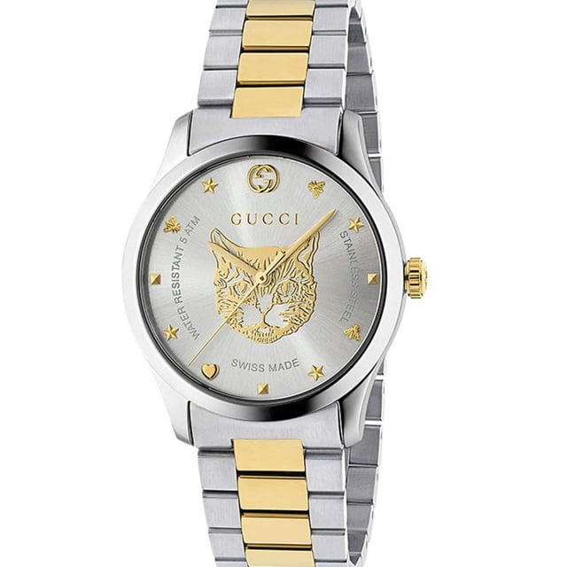 Brand: GUCCIWater Resistant: 50 MetersRecipient: UnisexMovement: QuartzCase Material: Stainless SteelDial Colour: SilverStrap Material: Stainless Steel & PVD Yellow GoldDiameter: 38mmBrand Collections: G-Timeless
