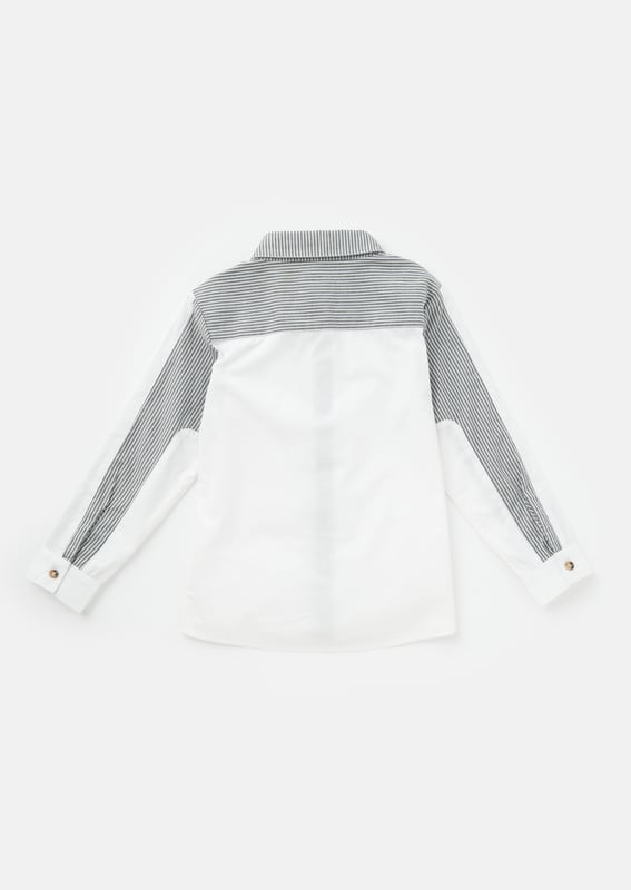 Our   shirt re-mix! Cut and sew colourblock mixing clean   poplin with a classic ticking stripe. Smart dressing! About me: 100% Cotton Angel and Rocket cares: I'm made from Sustainable Cotton Look After Me: Think Planet. Wash At 30C.
