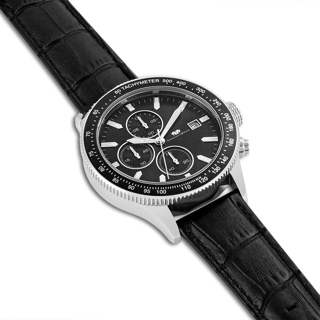 GENERAL INFORMATION:  • Targetgroup: Male  • Wristwatch: Chronograph  • Display: analogue  • Weight of watch w/o box (gr.) - approx.: 77,0  • model series: Karthago II  MOVEMENT:  • Movement: Quartz  • Term of Movement: VD57  • Origin of movement: Japan  BRACELET:  • Material of bracelet/strap: Genuine leather  • Plating of bracelet/strap: None  • Finishing of bracelet/strap: Embossed  • Finishing/Decoration of bracelet/strap: Seam  • Clasp/Closure/Buckle: Buckle  • Color of bracelet/strap: Black  • Length of bracelet/strap (mm) approx.: 210,0  • Width of bracelet/strap (mm) approx.: 19,8  • Style/Design of bracelet/strap: Crocodile (embossed)  • Bracelet/strap adjustable?: No  CASE:  • Shape of case: Round  • Size/Diameter of case in mm . approx.: 43  • Height of case in mm: 12,0  • Case material: Stainless steel  • Surface of case: Polished  • Bezel/Topring: Turnable  • Finishing/Decoration of case: Grooved  • Material of case back: Stainless steel  • Lock of case back: Screwed  • Color of case: Silver  • Coating/Plating (Case): None  • Type/Form of crystal: Flat  • Material of crystal: Mineral crystal  • Water resistant (ATM): 10  DIAL:  • Size jewelry care cloth: Date/Hour/Minute/Second/Stopwatch  • Indices: Line indices  • Material of dial: Brass  • Structure/pattern of dial: Multi-layer  • Color of dial: Black  PUSHER, CROWN, HAND:  • Pusher: No screwed-in crown  • Corrector: Yes  • Crown: No screwed-in crown  • Type of hands: Arrow hand  • Luminescent (hands): Yes  PACKAGING & SCOPE OF DELIVERY:  • Box: Yes  • Service booklet: Yes  • Manual: Yes