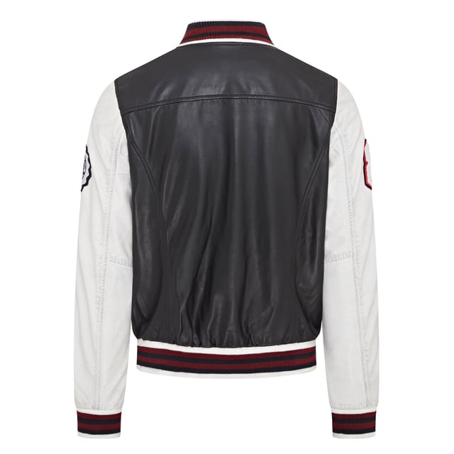 Introducing the Men's Baseball Leather Jacket, a perfect blend of classic varsity style and modern craftsmanship. This letterman bomber jacket features contrasting sleeves and a striped knit ribbed collar, waistband, and cuffs for a timeless athletic look. The press studs front closure and embroidered brand logo patches on the chest and sleeves add a touch of authenticity and flair. Designed with practicality in mind, it includes two jet pockets at the waist and two inside welt pockets for your essentials. The panelling to the back of the jacket ensures a tailored fit and superior comfort.

Contrasting sleeves for a stylish look
Striped knit ribbed collar, waistband, and cuffs for a classic finish
Press studs front closure for easy wear
Embroidered brand logo patches on the chest and sleeves for added detail
Two jet pockets at the waist and two inside welt pockets for convenience