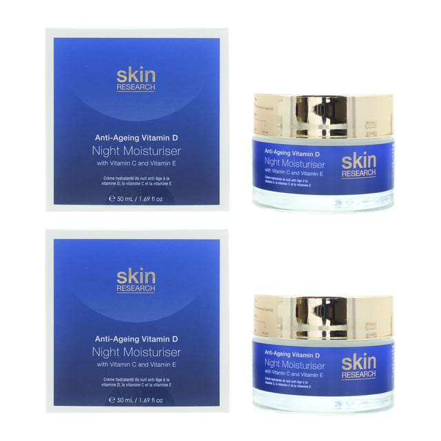 Skin Research Anti-Ageing Vitamin D Night Moisturiser is a potent and rejuvenating skincare product meticulously crafted to combat the signs of aging while you sleep. Infused with high-quality Vitamin D, a crucial nutrient known for its role in supporting skin health, this night moisturiser delivers a surge of nourishment, leaving the skin revitalised, supple, and deeply hydrated. The rich, velvety texture of this night moisturiser envelops the skin, creating a cocoon of intensive hydration. It penetrates deeply to infuse essential nutrients, encouraging the skin's natural regeneration process. This helps to promote a smoother, firmer, and more radiant complexion. Vitamin D is a powerful antioxidant that supports the skin's natural defense against environmental stressors and helps maintain a youthful, healthy appearance. By replenishing Vitamin D levels in the skin, this night moisturiser aids in preserving a radiant, resilient complexion. In addition to its Vitamin D content, this night moisturiser is enriched with a blend of natural botanical extracts and skin-loving ingredients, providing additional antioxidant protection and supporting the skin's natural barrier function. It creates a shield against daily aggressors, helping to defend the skin from the signs of premature aging. This moisturiser is suitable for all skin types and is an essential component of any comprehensive skincare regimen.