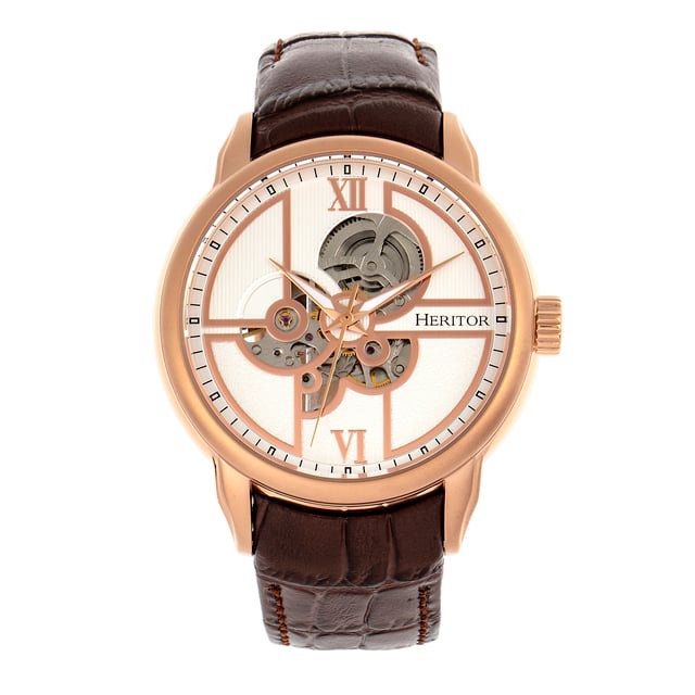 316L Surgical-Quality Stainless Steel Case; Jeweled Automatic Movement; Jewel Bearings: 20 Jewels; 36-Hour Power Reserve; Beats per Hour (BPH): 21600/Hour; Sapphire-Coated Mineral Crystal; Semi-Skeleton Dial; Observation Caseback to view Movement; Genuine Leather Strap; Logo-Engraved Stainless Steel Clasp; Luminous Hands; 45mm Diameter; 5 ATM Water Resistance;