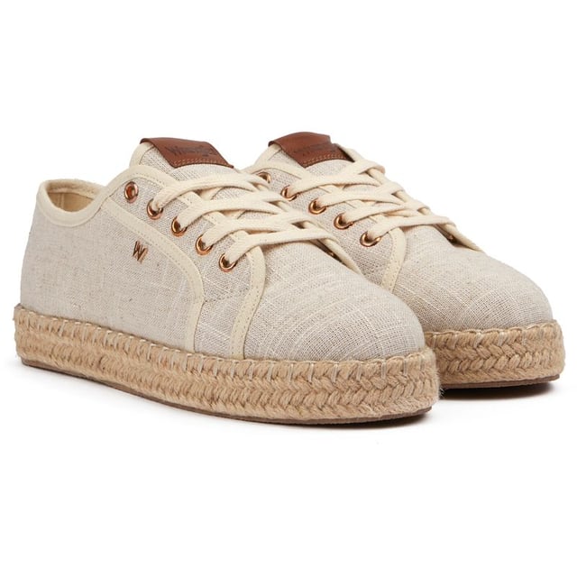 Womens natural Wrangler jane shoes, manufactured with textile and a rubber & rope sole. Featuring: gold hardware, wrangler branding, rope edge sole and branded insole.