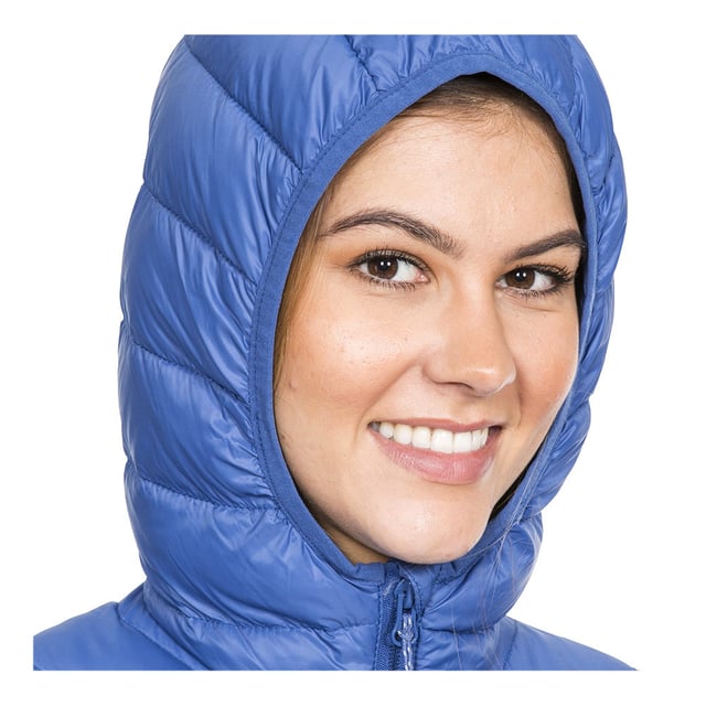 Ultra lightweight jacket with grown on hood and 2 lower zipped pockets. Low profile front zip. Stuff sack in pocket. Matching binding at hood, cuffs and hem. Shell: 100% polyamide. Lining: 100% polyamide. Filling: 90% down, 10% feathers. Trespass Womens Chest Sizing (approx): XS/8 - 32in/81cm, S/10 - 34in/86cm, M/12 - 36in/91.4cm, L/14 - 38in/96.5cm, XL/16 - 40in/101.5cm, XXL/18 - 42in/106.5cm.