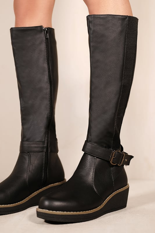 Tall black boots wedge heel hot sale