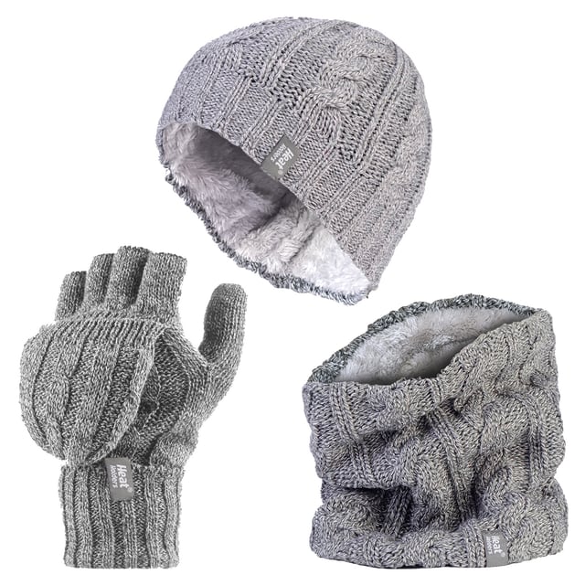 This ladies chunky cable set is knitted in an attractive, soft marl two-coloured twist yarn with a ribbed hem and incorporates the latest Heatweaver thermal lining, a luxurious, plush fur-like insulating fabric, that maximises the amount of warm air held close to the skin. It also feels so soft and silky, They are bliss to pull on when the weather turns colder! Protective Cuff - Improves fit and provides a protective sleeve that hugs the wrist for extra warmth and comfort. Heat Holders Converter Mitt - 2.3 tog Heat Holders' versatile converter mitt can simply fold over the fingers to create a warm and cosy mitten. Heat Holders Hat - 3.4 Tog rating - the tog rating is a measurement for the thermal ability of a garment Neck Warmer - Simply slip over the head with Heatweaver thermal lining, 3.5 tog