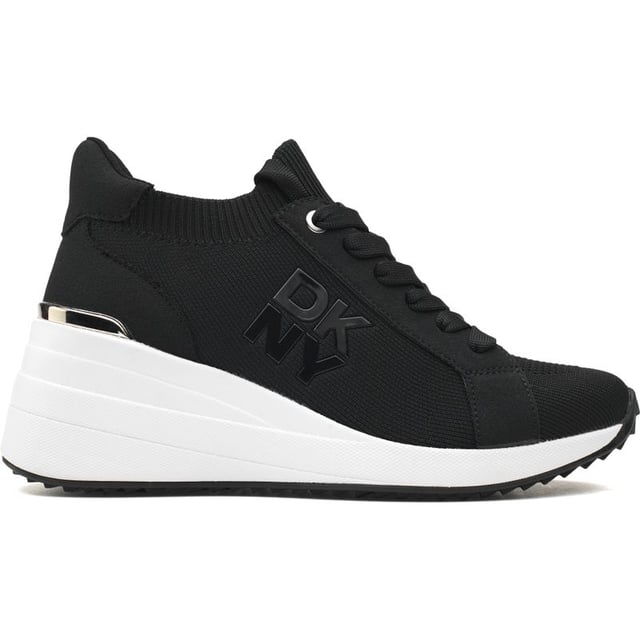 A Fabulous Pair Of Hi-top, High Fashion Trainers, That Offer A Comfortable Feel And Great Designer Looks. If You Love The Vibes Of The Urban Jungle, With A Notch To Sophisticated Sock-like Sneaker Style, Then This Is Your Go-to Shoe. This Dkny Kasia Wedge Trainer Features A Soft Black Fine Nylon Upper With The Iconic Dkny Logo On The Side And Gold Metal Heel Detail.