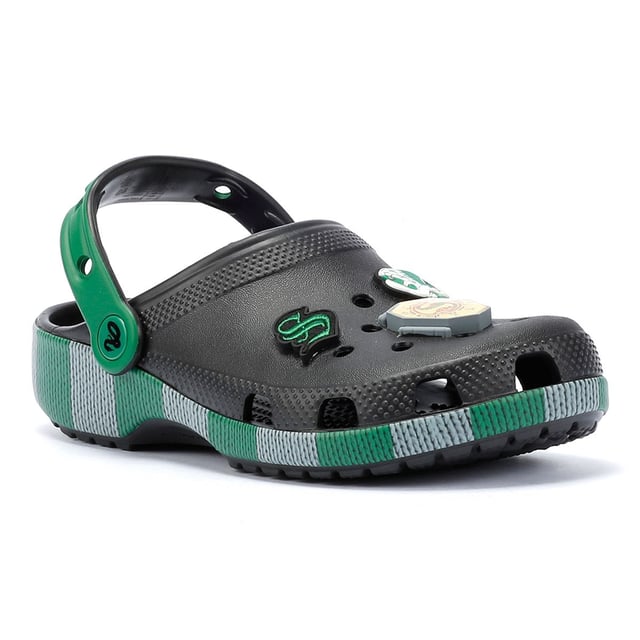 Inspired by Harry Potter’s Slytherin House scarf in green and grey, these Classic Clogs are lightweight, water-friendly, and buoyant. Featuring breathable ventilation ports and pivoting heel straps for a secure fit, they're perfect for fans seeking style and comfort. Customisable exclusive Slytherin-inspired Jibbitz™ charms.