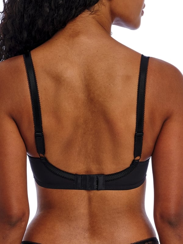 Freya Sydnie High Apex Plunge Bra. Underwired non padded plunge bra with high apex sheer floral lace overlay, low plunge neckline and fully adjustable straps. Product is recommended as hand-wash only.