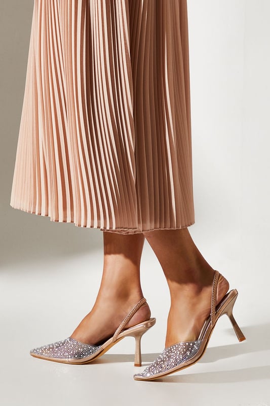 Wide Fit Tilly Diamante And Pearl Sling Back Pointed Court Shoes