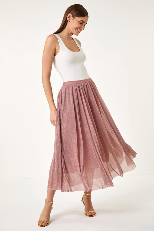 A-Line Shimmer Stretch Midi Skirt