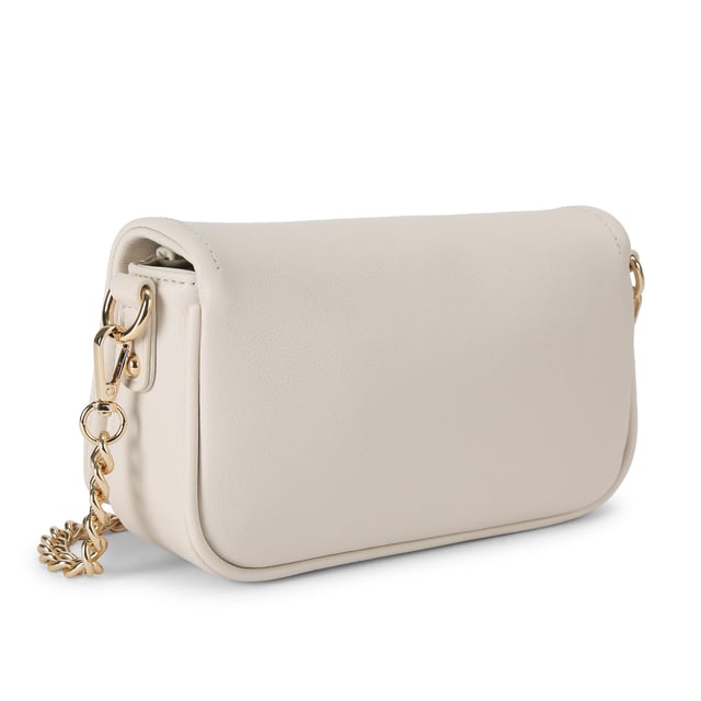 The Carvela Como Chain Shoulder bag features a bone exterior with pebble grain texture. There is gold tone hardware across the bag and branding on the front. Dimensions: 13cm (H), 21cm (L), 6cm (D). Strap length: 124cm.
