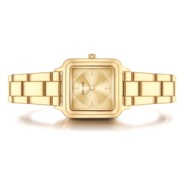 GENERAL INFORMATION:  • Targetgroup: Female  • Wristwatch: No Special Functions  • Display: analogue  • Weight of watch w/o box (gr.) - approx.: 60  MOVEMENT:  • Movement: Quartz  • Term of Movement: 2025  • Origin of movement: Japan  BRACELET:  • Material of bracelet/strap: Stainless steel  • Plating of bracelet/strap: Ion-Plating (IP)  • Finishing of bracelet/strap: Smooth  • Finishing/Decoration of bracelet/strap: None  • Clasp/Closure/Buckle: Security-folding clasp  • Color of bracelet/strap: Yellowgold  • Length of bracelet/strap (mm) approx.: 210,0  • Width of bracelet/strap (mm) approx.: 13,8  • Style/Design of bracelet/strap: Link bracelet  • Bracelet/strap adjustable?: Yes  CASE:  • Shape of case: Square  • Size/Diameter of case in mm . approx.: 25,0 x 32,0  • Height of case in mm: 8,1  • Case material: Metal (Alloy)  • Surface of case: Polished  • Bezel/Topring: Fixed  • Finishing/Decoration of case: None  • Material of case back: Stainless steel  • Lock of case back: No screwed-in crown  • Color of case: Yellowgold  • Coating/Plating (Case): Ion-Plating (IP)  • Type/Form of crystal: Flat  • Material of crystal: Mineral crystal  DIAL:  • Size jewelry care cloth: Hour, Minute  • Indices: Line indices  • Material of dial: Brass  • Structure/pattern of dial: Flat/sunray  • Color of dial: Gold-colored  PUSHER, CROWN, HAND:  • Pusher: None  • Corrector: No  • Crown: No screwed-in crown  • Type of hands: Pole hand  • Luminescent (hands): No  PACKAGING & SCOPE OF DELIVERY:  • Box: Yes  • Service booklet: Yes  • Manual: Yes