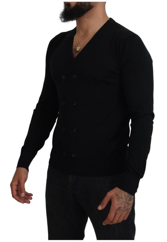 Brand: Dolce & Gabbana
  Color: Black
  Material: 100% cashmere
  Style: Button-down cardigan sweater
  Closure: Full button
  Details: Logo details
  Made in Italy