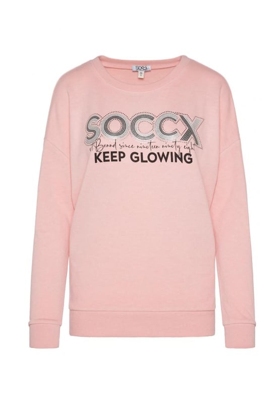 Dit sweatshirt voor dames is een tijdloze en makkelijk te stylen basic. Het is gemaakt van zacht, hoogwaardig materiaal dat aangenaam aanvoelt op de huid en een hoog comfortniveau belooft. De losse snit en verlaagde schouders zorgen voor een casual look. Het heeft een klassieke ronde hals met een geribbelde rand. Mouwen en zoom zijn afgewerkt met geribde manchetten. De print op de voorkant wordt geaccentueerd met metallic elementen en rondt het effen design van de trui perfect af.