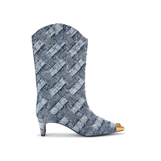 This Kurt Geiger Regent Crystal Boot is crafted from a blue denim fabric which is bleached into a woven effect. There are crystal studs across the upper and an antiqued brass toe cap with eagle head. Heel height: 6.5cm.