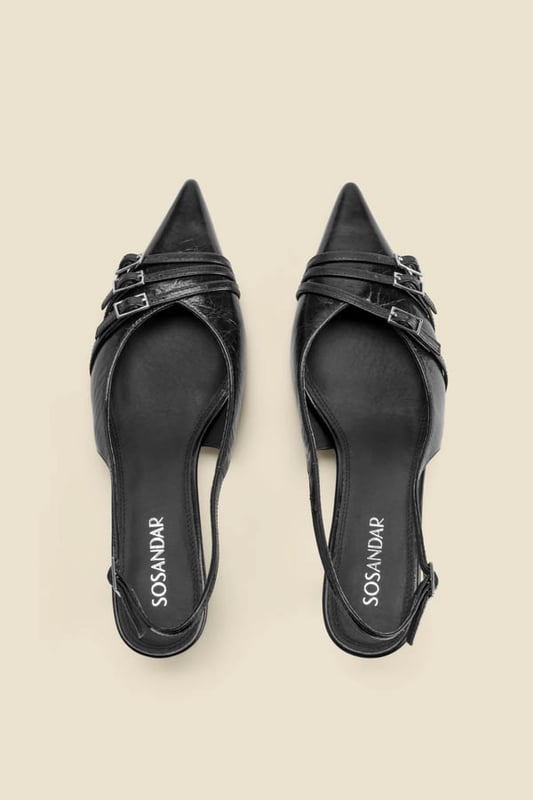 Introducing your AM to PM go-to shoesTimeless slingback style with a sleek pointed toeSet on a comfy-chic kitten heel Elevated with a statement buckle strap detail Adjustable strap for the perfect fit Dress them down with denim, up with