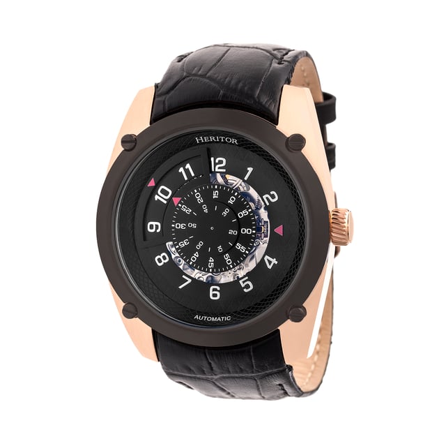 316L Surgical-Quality Stainless Steel Case; Jeweled Automatic Movement; Jewel Bearings: 20 Jewels; 36-Hour Power Reserve; Beats per Hour (BPH): 21600/Hour; Sapphire-Coated Mineral Crystal; Semi-Skeleton Dial; Outer Disc Represents Hour; Middle Disc Represents Minutes; Inside Disc Represents Seconds; Observation Caseback to View Movement; Logo-Engraved Stainless Steel Crown; Genuine Leather Crocodile-Embossed Strap; Logo-Engraved Stainless Steel Clasp; 43mm Case Diameter; 10 ATM Water Resistance;