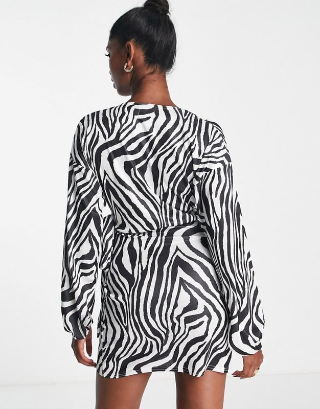 ASOS DESIGN blouson sleeve slinky wrap mini dress in zebra print-Multi