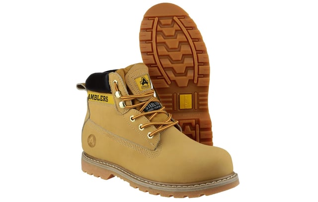 Tough and hardwearing goodyear welted safety boot made with leather upper, steel toe & midsole, padded collar and nitrile rubber outsole  -Hardwearing steel toe cap boot with mid-sole protection. -3 eyelets, ankle high speed lacing + hem eyelet for extra support. -Padded collar and tongue for comfort. -Pull on loop. -Goodyear welted rubber sole -Conforms to EN ISO 20345:2011 safety footwear standards -Safety Footwear Category: SB-P. -Toe protection tested to 200 joules impact. -Penetration resistant steel midsole tested 1100 newtons. -Passes SRA Slip Resistance Standards.