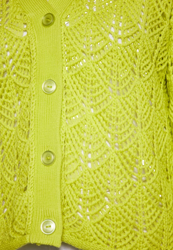 Ontdek een chique toevoeging aan je garderobe met dit opengewerkte vest. Dit button-down-stuk heeft een kortere snit, een V-hals, lange mouwen en een charmant ontwerp. Het ingewikkelde breipatroon zorgt voor een doorschijnend effect, perfect om in stijl te dragen. Dit lichtgewicht vest straalt casual elegantie uit.  Vest