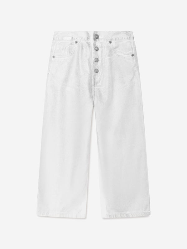 Introducing the Kids Metallic Effect Jeans in Silver from mm6_maison_margiela, a high-end designer piece for your Boy or Girl. Enhance their style quotient with these key features: Bold and shiny: These metallic effect jeans are sure to grab attention with their bold and shiny look. They're the ultimate statement in kids' fashion.  Comfortable Fit: Crafted from high-quality materials that conform to the body comfortably, these jeans are perfect for all-day wear. Unisex Design: Suitable for both Boys and Girls, these unique jeans fits seamlessly into any junior wardrobe.Revamp your child's fashion game with these lavish Kids Metallic Effect Jeans in Silver. Let them shine bright with mm6_maison_margiela! Order today.