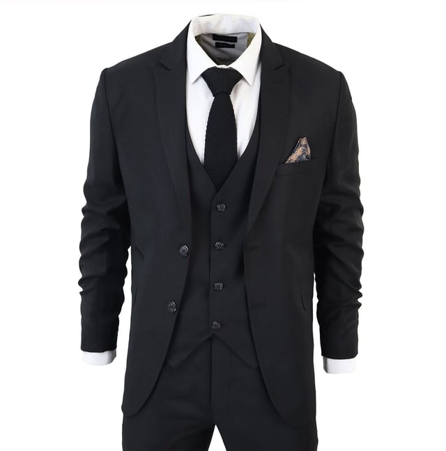 Indulge in Classic and Elegant Design with this men's 3-piece suit, featuring a timeless black color ideal for formal occasions. Product Design Bullet Points:  
Versatile Formal Attire: Suitable for weddings, business events, or special occasions, ensuring a sharp and well-dressed look.
 
Complete 3-Piece Set: Includes a jacket, vest, and trousers for a polished and coordinated outfit.
 
Premium Material: Crafted from high-quality materials for comfort and durability.
 
Tailored Fit: Offers a tailored fit that complements your body shape, enhancing your appearance and confidence.
 
Timeless Black Color: Perfect for a classic and sophisticated look, suitable for various formal settings.  Â Made from a blend of 65% Polyester and 35% Viscose for a comfortable and stylish finishSizes	Jacket & Trouser Size
36R :	36" (Chest) 30" (Waist)
38R :	38" (Chest) 32" (Waist)
40R :	40" (Chest) 34" (Waist)
42R : 	42" (Chest) 36" (Waist)
44R :	44" (Chest) 38" (Waist)
46R : 	46" (Chest) 40" (Waist)
48R :	48" (Chest) 42" (Waist)
50R :	50" (Chest) 44" (Waist)
52R :	52" (Chest) 46" (Waist)
54R :	54" (Chest) 48" (Waist)