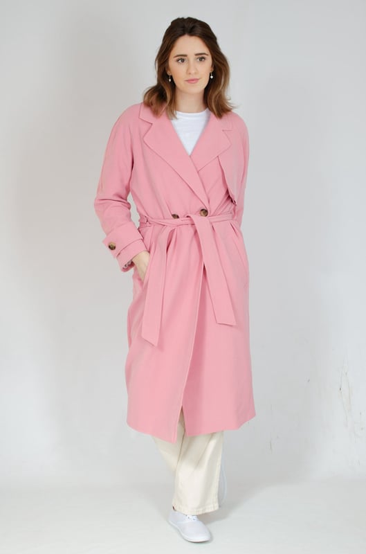 Pink Maxi Length Trench Coat Double Breasted Belted Trenchcoat