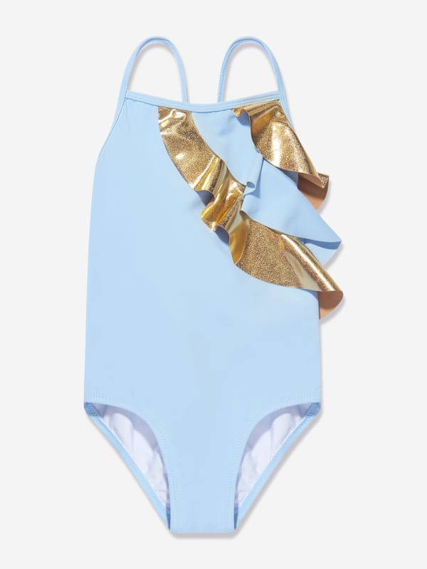 Nessi Byrd embody modern properties in their beautiful luxury resortwear. This girls Gina frill bikini set is reflective of the New York label's passion for vibrant aesthetics with an innovative twist. Crafted in a crisscross design with golden metallic ruffles reminiscent of Egyptian iconography.Elasticated 80% Polyamide 20% Elastane
