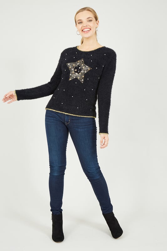 Mela Black Fluffy Star Christmas Jumper