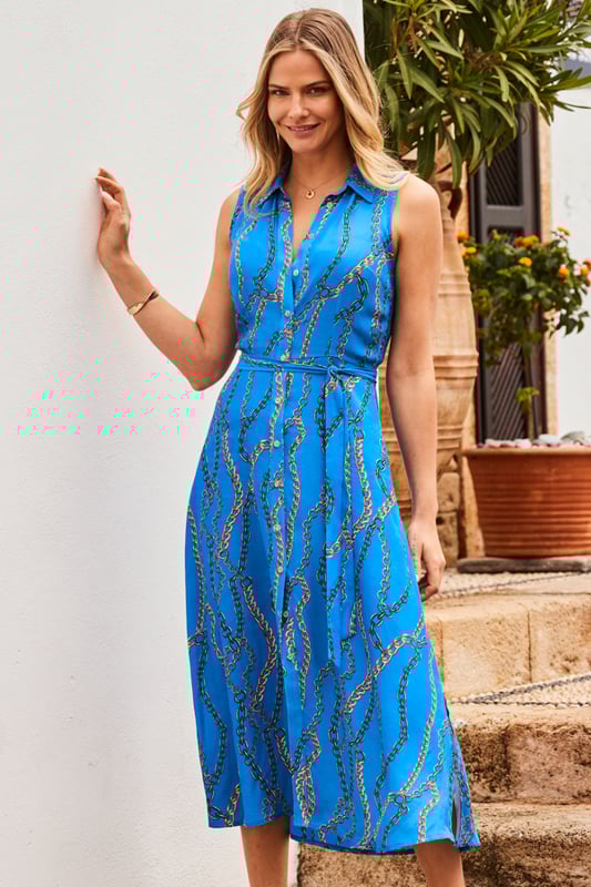 Chain print tie waist sleeveless shirt dress sales