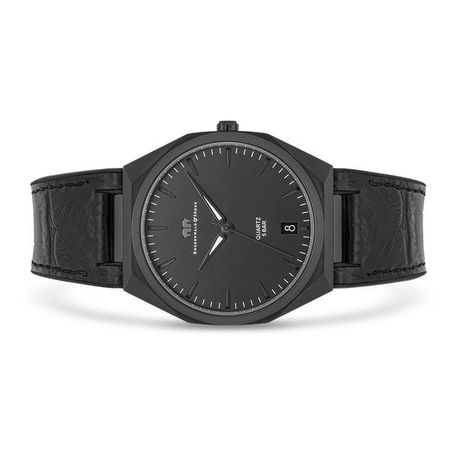 Purism in connection with classic watchmaking and stylish zeitgeist: This clock model of the Rhodenwald & Sons manufactory convinces all Horlogerie connoisseurs. The tone-in-tone color concept is consistently continued from the dial to the ion splatted stainless steel case to the real leather strap with crocodula. On the minimalist dial, strings set subtle accents with a circumferential minute show, date display and luminiscating Dauphine pointer. The robust housing with screwed floor makes the watch a durable companion in leisure and work. The exclusive equipment is completed by a long-lasting, precise quartz clock.
