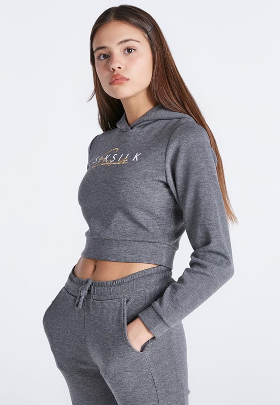 Girls Grey Marl Signature Track Top. White Printed Logo with Gold Embroidered Logo Overlay. 3 Piece Hood. Self Fabric Cuffs and Waistband. Machine Wash. 80% Polyester 15% Rayon 5% Elastane