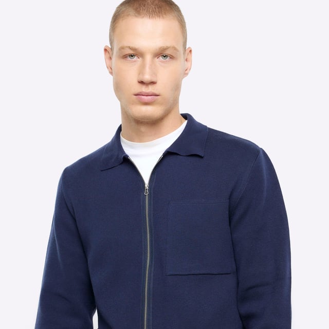 River Island Mens Cardigan Navy Long Sleeve Needle Zip Through
