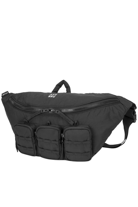 The perfect practial edition to any outfit. This unique triple-pocket design sling bag has enough internal and external space to carry all your every day essentials. Features: , Padded lightweight nylon, Water resistant, Zip top opening to main compartment, ARTSAC screen printed logo, Triple front zip pocket with loops, Internal zip pocket, External rear zip pocket, Top grab handle, 2 Mobile phone internal net pockets, Adjustable shoulder strap allowing backpack styling or bum bag styling Style Ref: 52014 BLACK