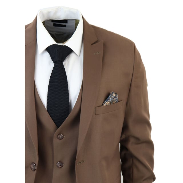 Indulge in Classic and Elegant Design with this men's 3-piece suit, featuring a timeless Brown color ideal for formal occasions. Product Design Bullet Points:  
Versatile Formal Attire: Suitable for weddings, business events, or special occasions, ensuring a sharp and well-dressed look.
 
Complete 3-Piece Set: Includes a jacket, vest, and trousers for a polished and coordinated outfit.
 
Premium Material: Crafted from high-quality materials for comfort and durability.
 
Tailored Fit: Offers a tailored fit that complements your body shape, enhancing your appearance and confidence.
 
Timeless Brown Color: Perfect for a classic and sophisticated look, suitable for various formal settings.  Â Made from a blend of 65% Polyester and 35% Viscose for a comfortable and stylish finishSizes	Jacket & Trouser Size
36R :	36" (Chest) 30" (Waist)
38R :	38" (Chest) 32" (Waist)
40R :	40" (Chest) 34" (Waist)
42R : 	42" (Chest) 36" (Waist)
44R :	44" (Chest) 38" (Waist)
46R : 	46" (Chest) 40" (Waist)
48R :	48" (Chest) 42" (Waist)
50R :	50" (Chest) 44" (Waist)
52R :	52" (Chest) 46" (Waist)
54R :	54" (Chest) 48" (Waist)